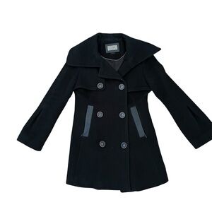 MACKAGE Black Wool Cashmere Peacoat Leather Trim Winter Luxe Outerwear